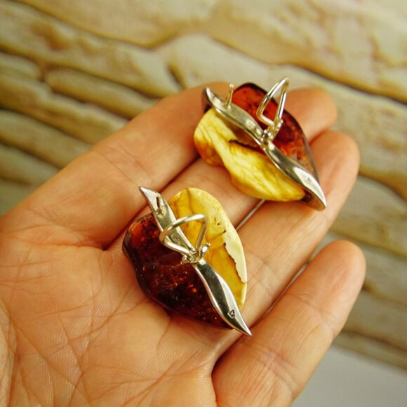 Big Amber & 925 Silver Omega Earrings - Made In Poland Rare Jewelry Her Gift - Picture 8 of 16